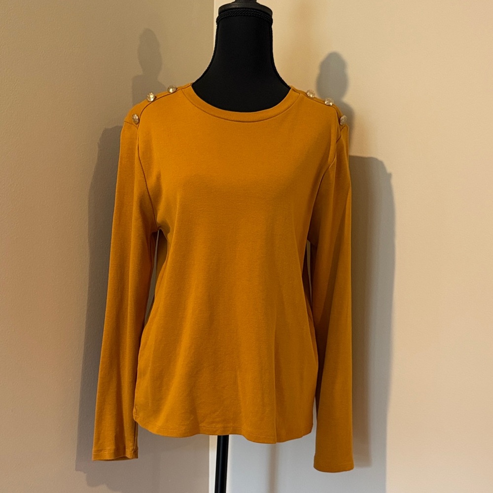 Rafaella Mustard Long Sleeve Top with Pearl Accents